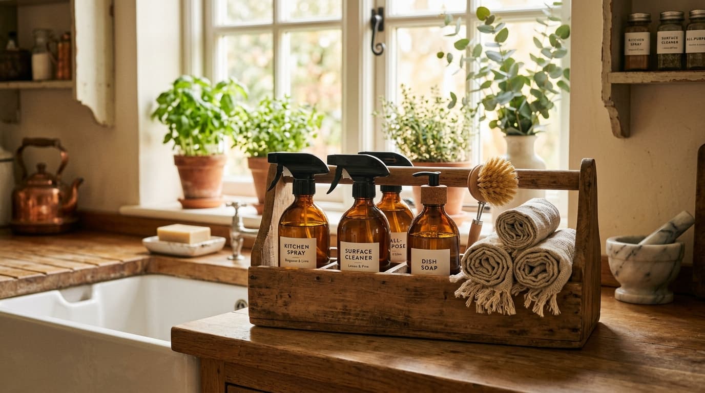 A organized household chore schedule checklist sitting on a clean marble kitchen countertop next to cleaning supplies