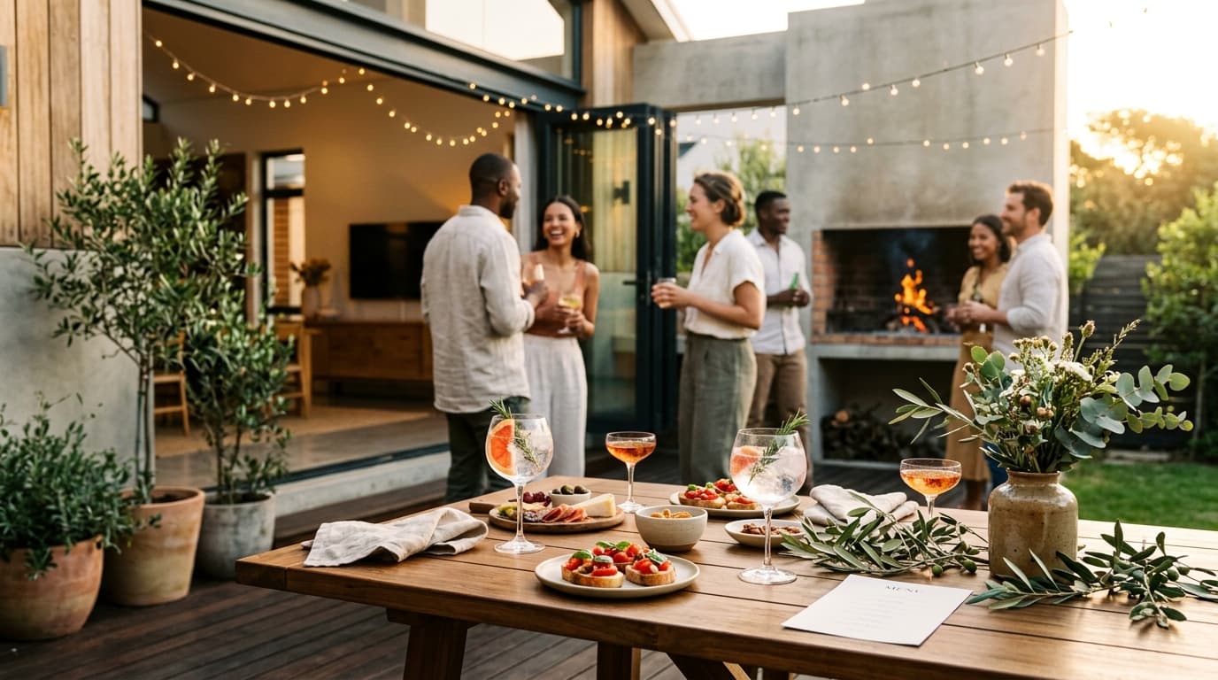 Friends gathering on a patio for a warm afternoon housewarming event and braai feast