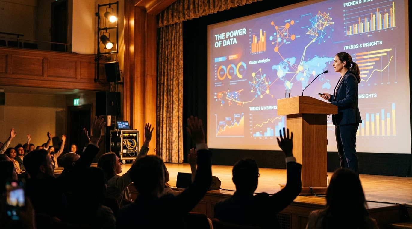 A keynote presenter sharing data infographics and impact metrics on a main auditorium screen before an audience