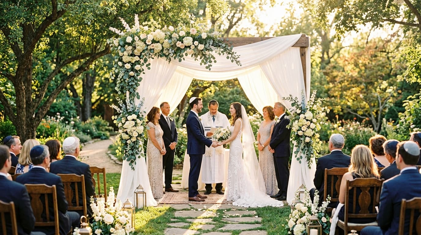 A bride and groom smiling under a floral chuppah during a traditional Jewish wedding ceremony.
