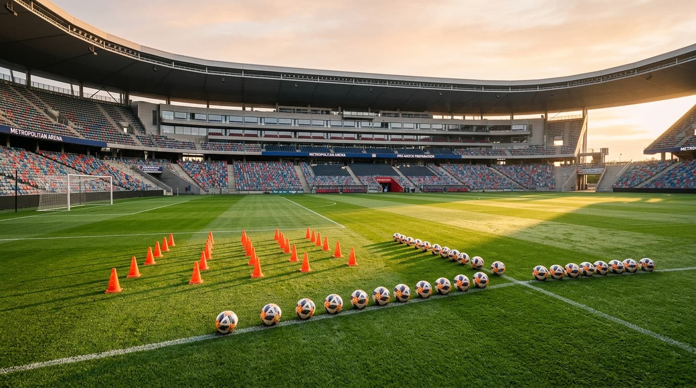 Aerial view of a professional football stadium pitch prepared for a weekend league fixture under bright stadium lights.