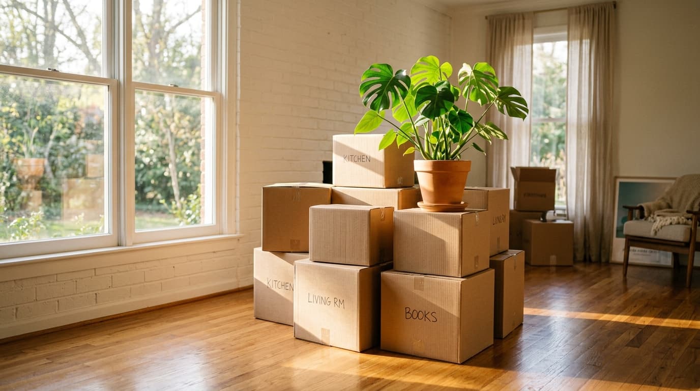 A family reviewing home moving checklists beside stacked cardboard boxes in a bright living room