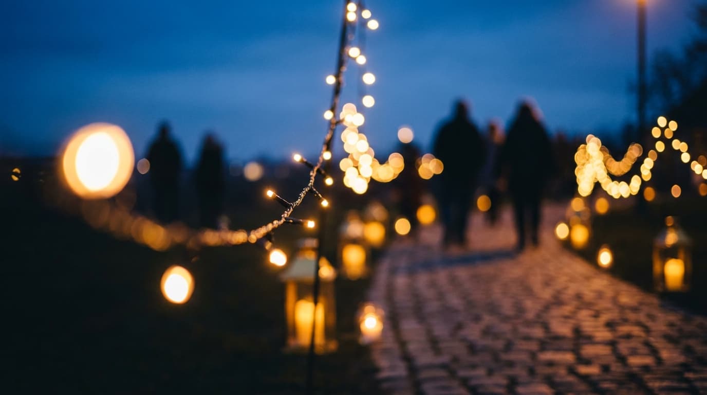 A park at twilight with glowing lantern displays and string lights hanging from trees, with people walking along a pathway.