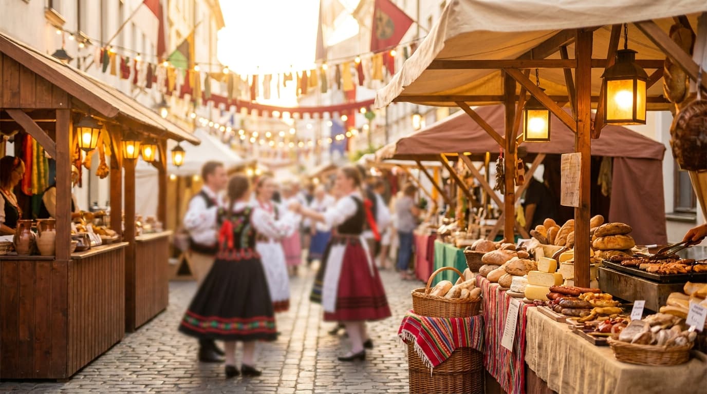 A vibrant local culture fest featuring colorful traditional costumes, food stalls, and a bustling central plaza filled with happy attendees.