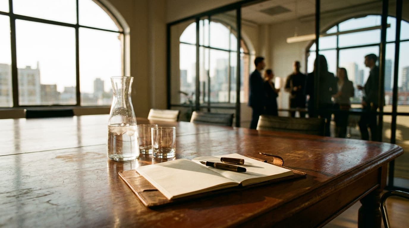 A professional executive team standing in a modern office boardroom preparing for a corporate announcement.