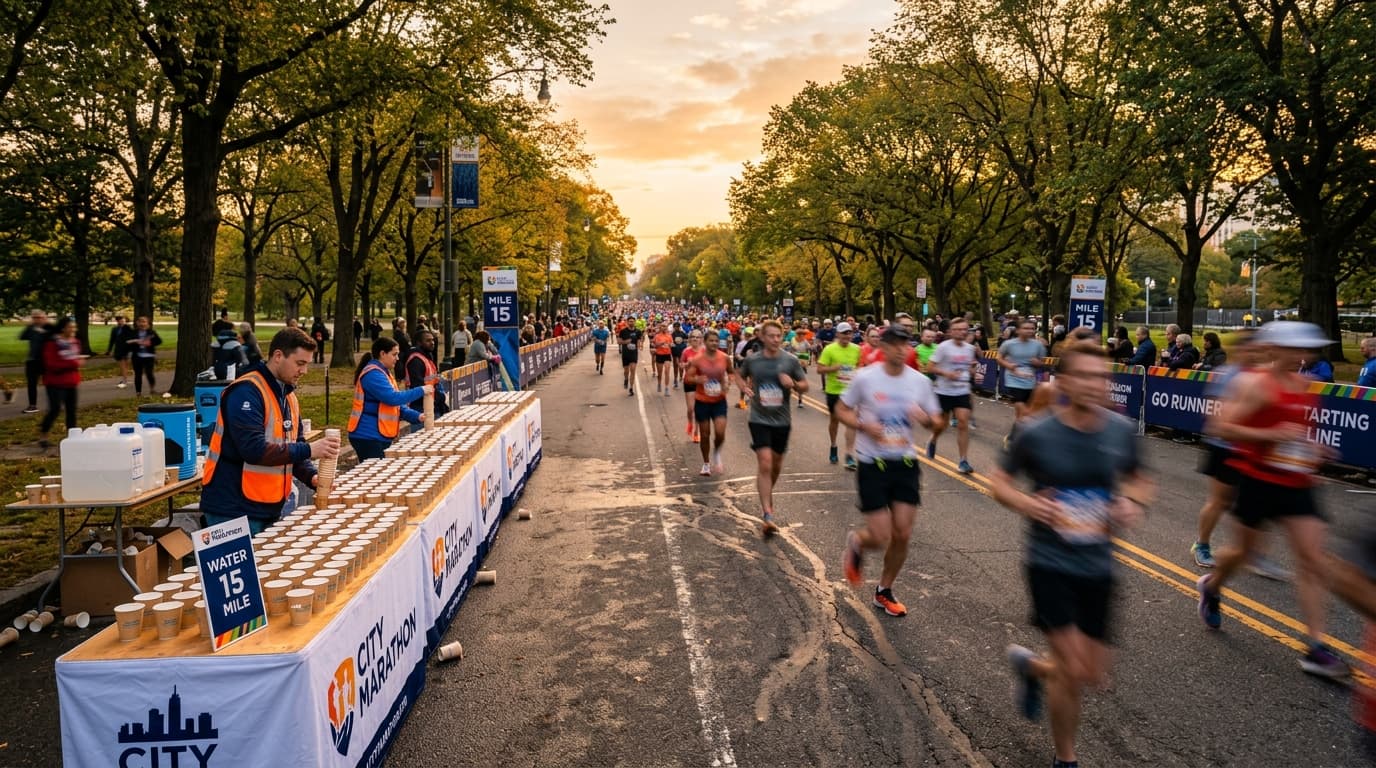 A bustling marathon start line at sunrise with runners gathered beneath a large timing arch.