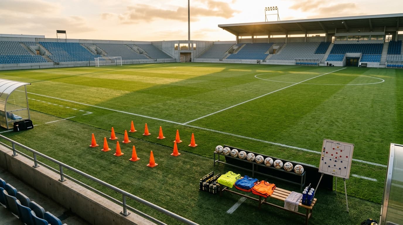 A sports team dressing room organized with match jerseys hanging, tactical whiteboard, and equipment ready before kick-off.