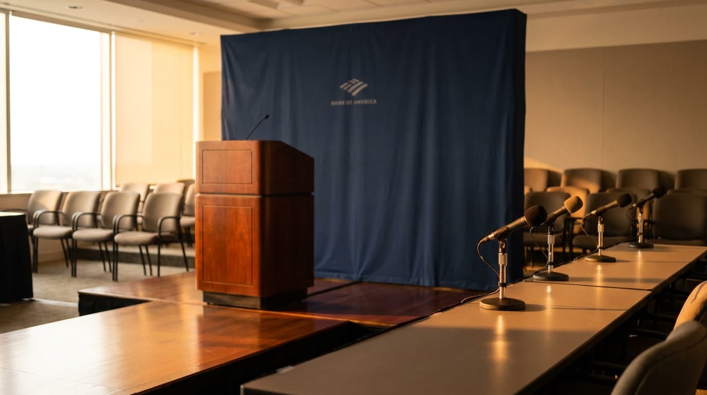 A professional media briefing room setup with microphones, notepads, and press credentials arranged on a table.