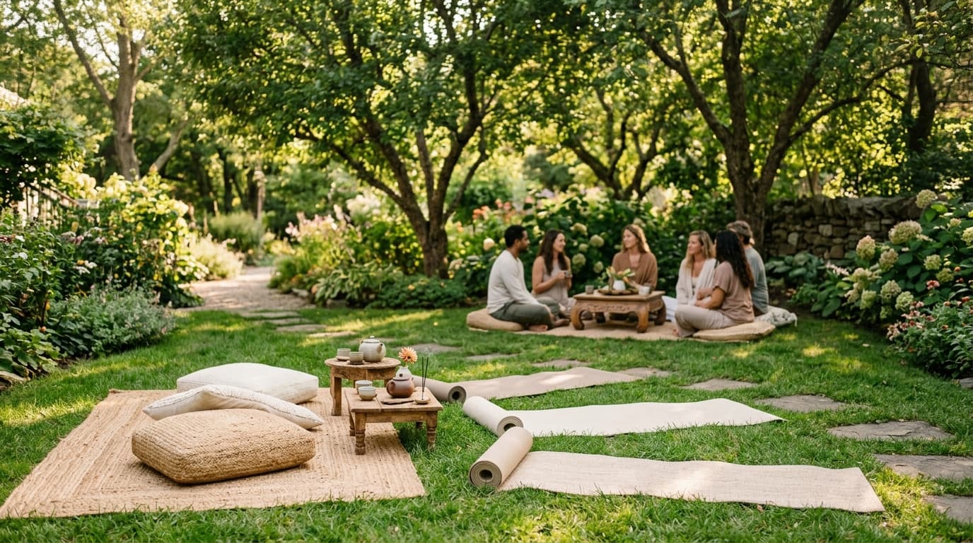 A peaceful outdoor wellness garden with cushions and yoga mats set up for a mental health day retreat