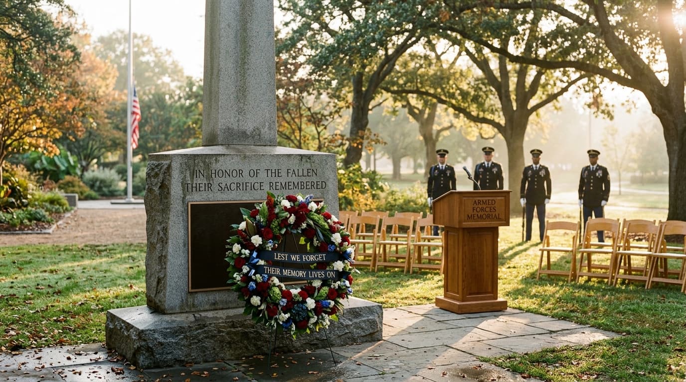 Joint service color guard standing at attention during a outdoor military memorial ceremony