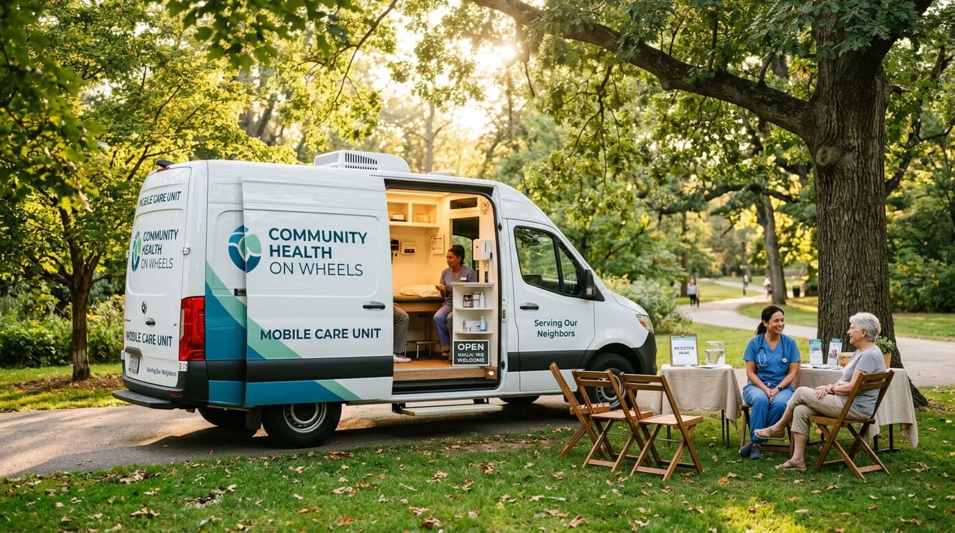 A fully equipped mobile health unit vehicle parked at a community stop with staff assisting patients outside.