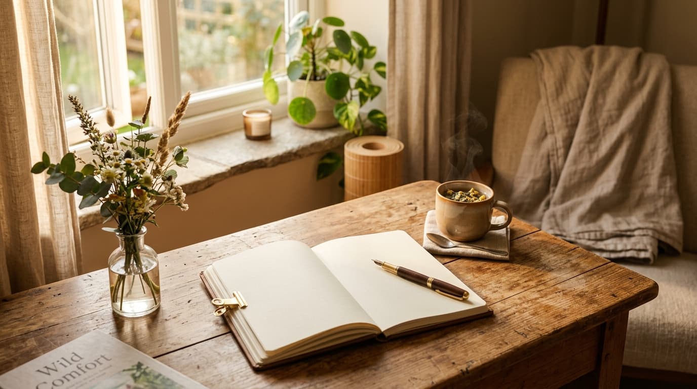 A sunlit wooden desk with a open paper daily journal, a warm mug of tea, and natural light coming through a window