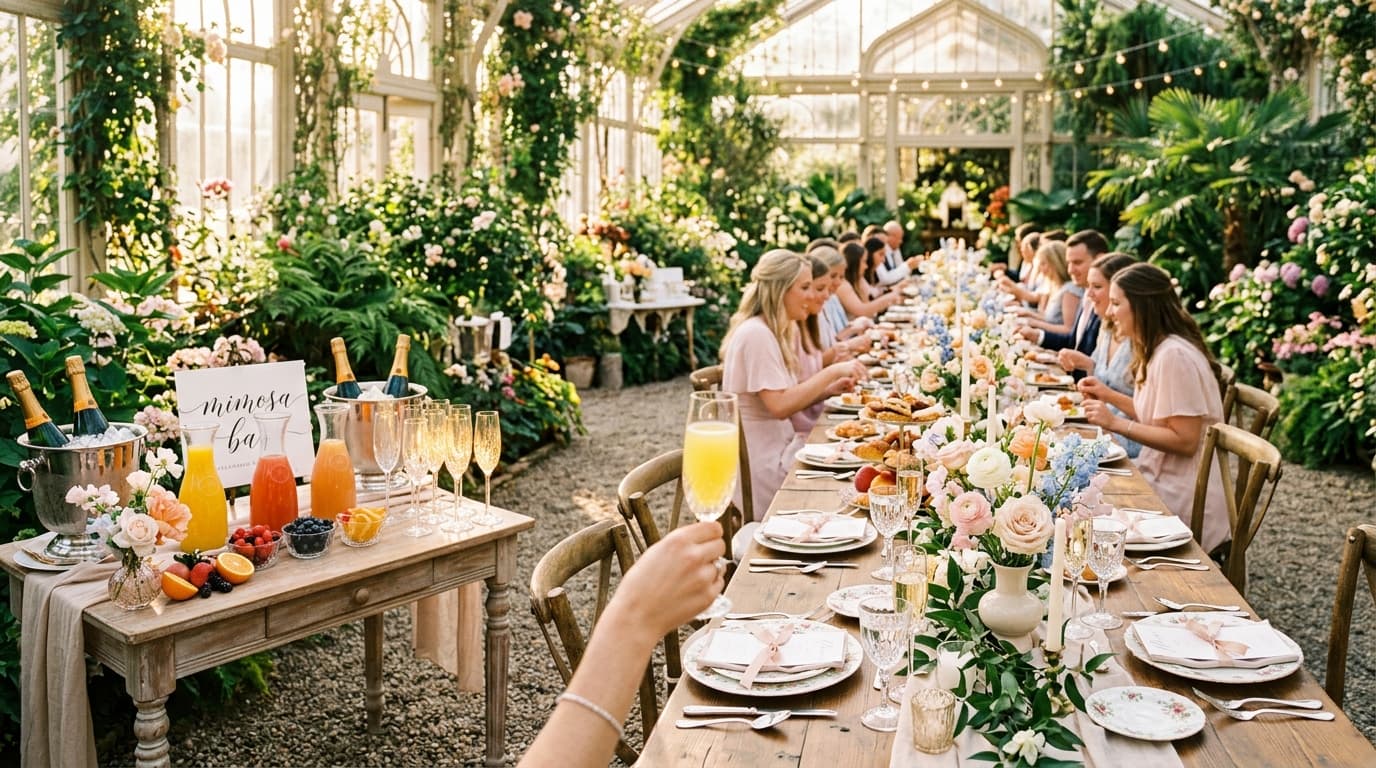 Newlyweds celebrating at a sunny outdoor morning wedding brunch reception with mimosa glasses on a dressed terrace table.