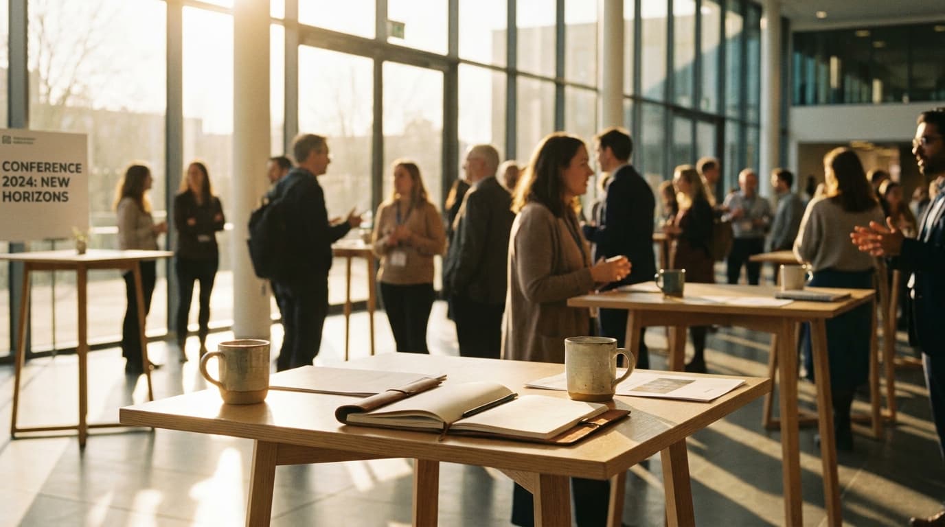 A bustling registration desk at an academic conference with attendees checking in and picking up name badges.