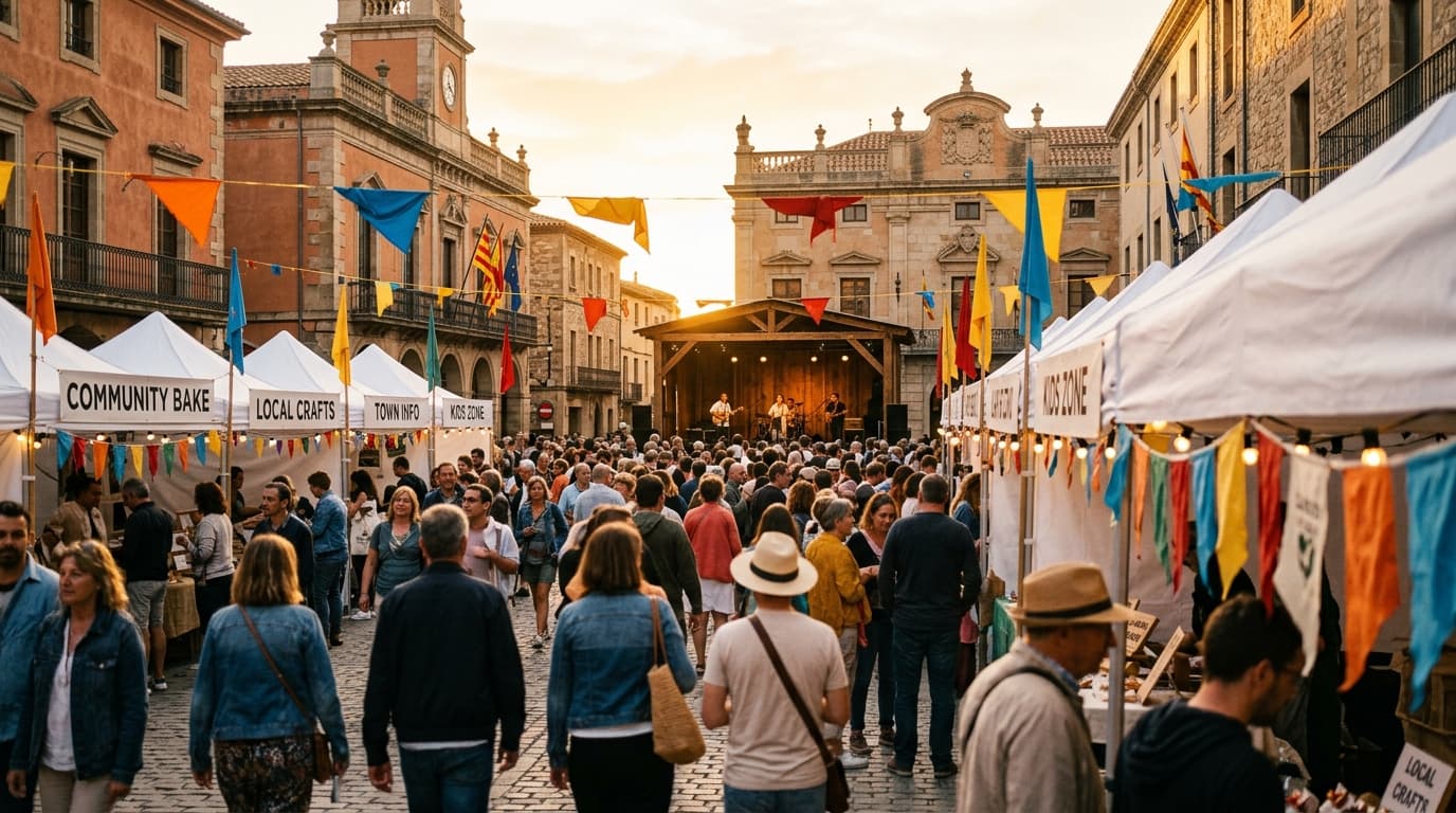 Town square filled with community vendor stalls, a main stage, and citizens enjoying an outdoor civic event.