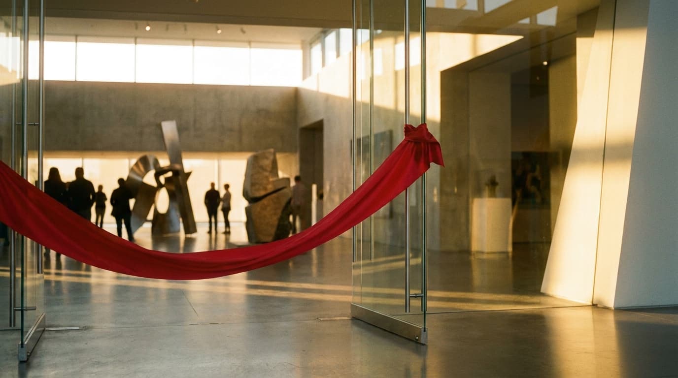 An elegant museum grand opening ribbon cutting ceremony with the director and local officials.