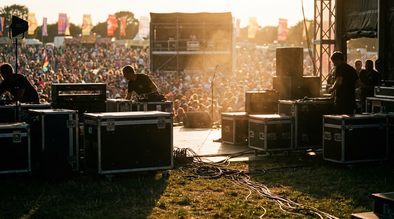 A bustling outdoor music festival scene with a large stage, food stalls, and a crowd enjoying the music at sunset.