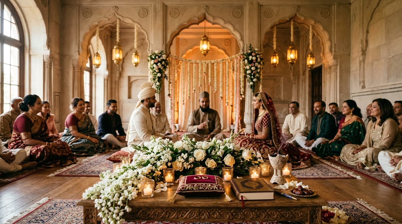 An elegantly decorated Islamic center hall with floral setup ready for a Nikah ceremony