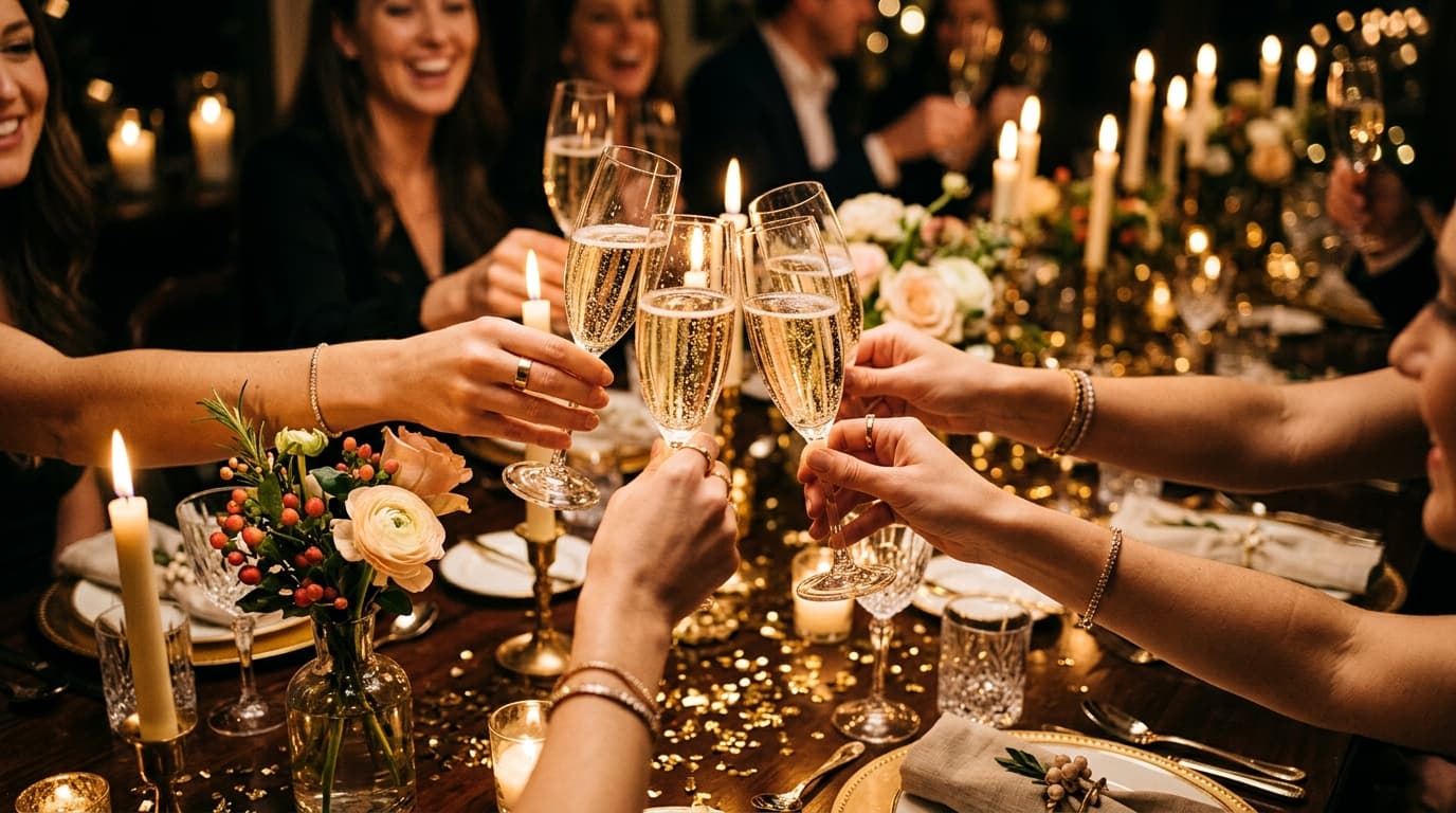 Guests holding champagne glasses celebrating under festive party lights during a New Year's Eve party.