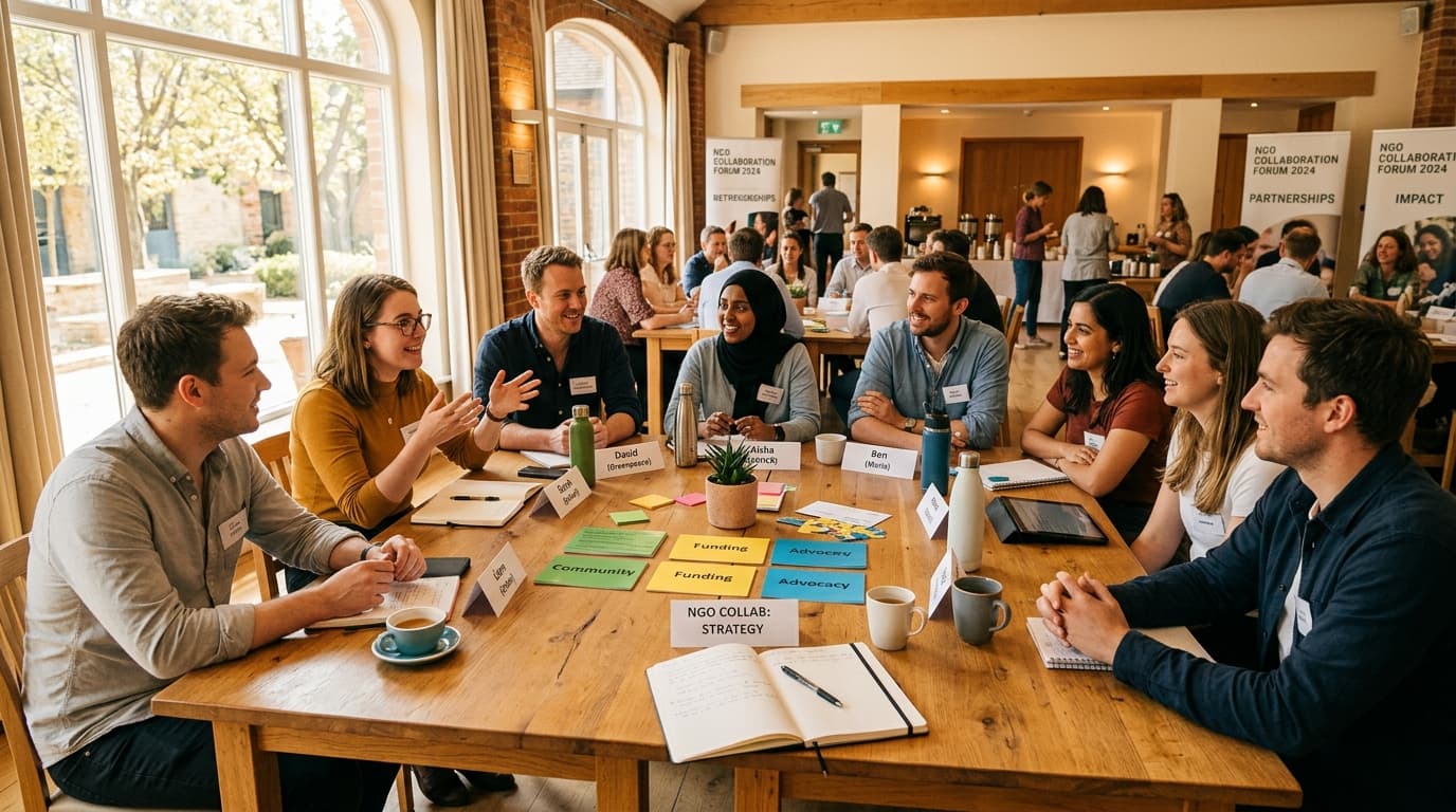 Delegates seated around a conference table engaged in an international NGO roundtable discussion.