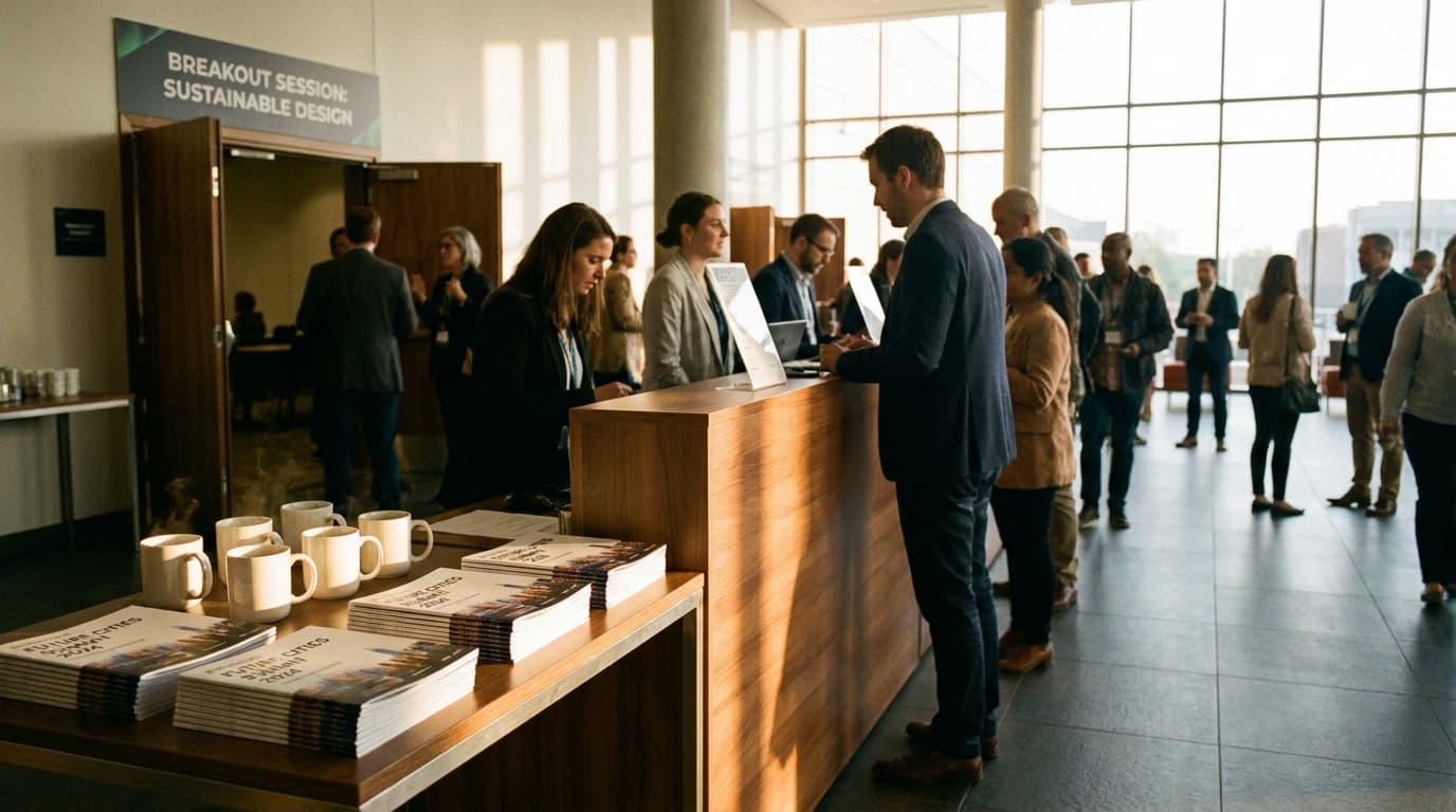 A bustling conference registration desk with attendees picking up badges and coffee in a brightly lit foyer.