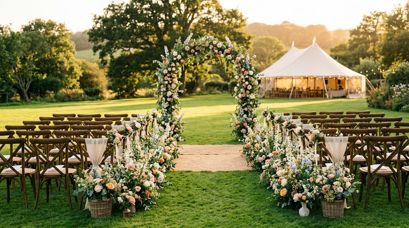 Sunlit outdoor wedding ceremony setup on a grassy lawn facing a lake with floral arch and wooden guest chairs.