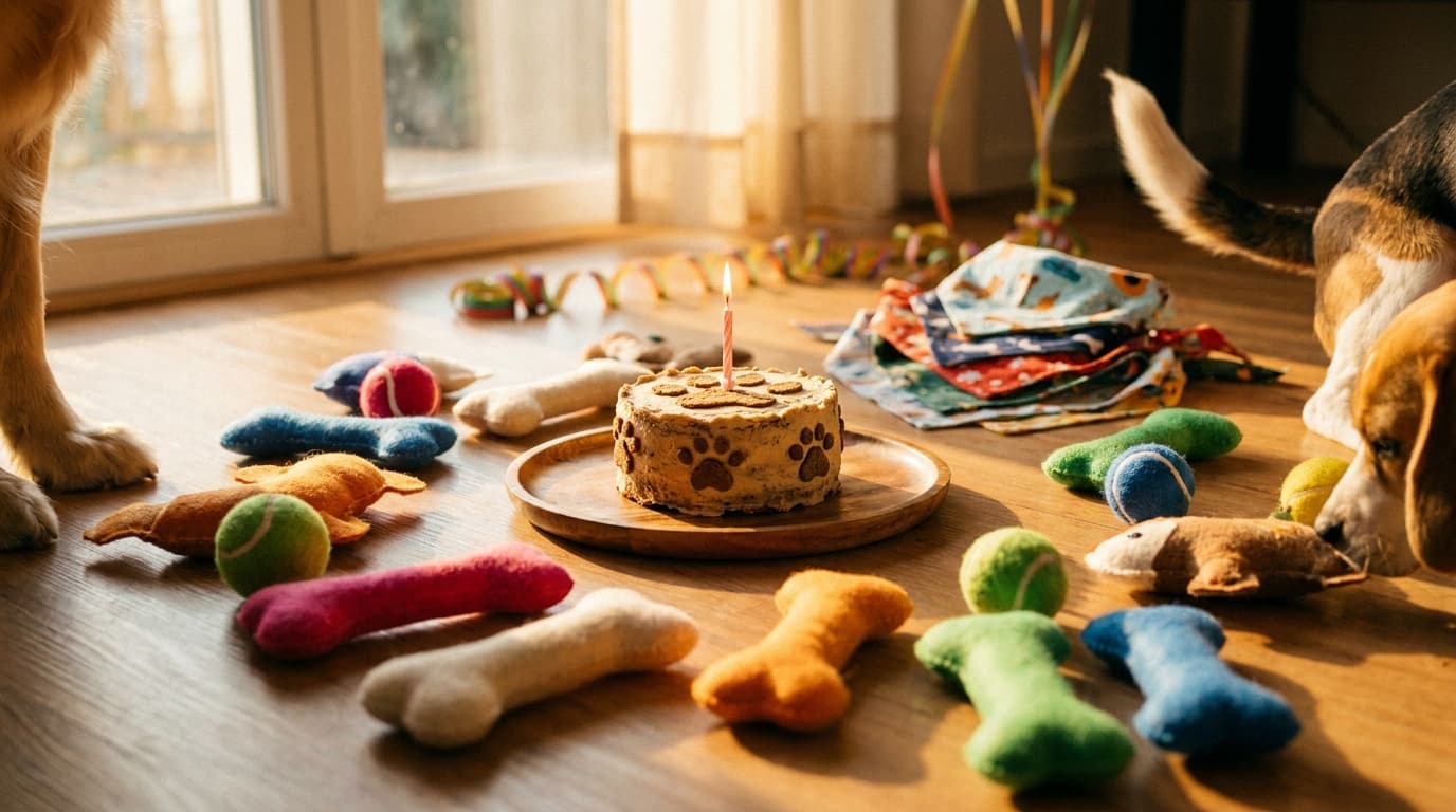 A happy dog wearing a colorful birthday hat surrounded by party decorations and gifts at an outdoor park event.