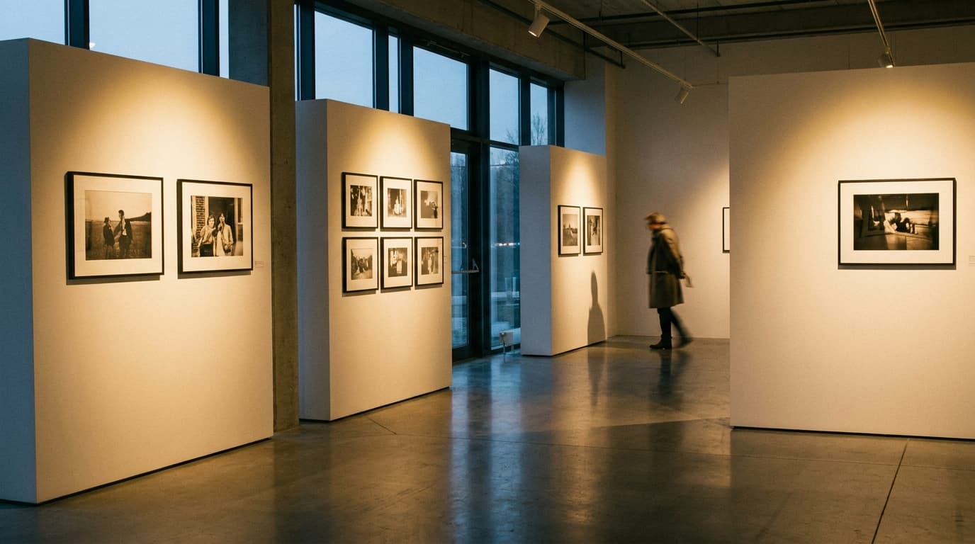 A bustling art gallery during a photography exhibition with people admiring framed prints on the walls.