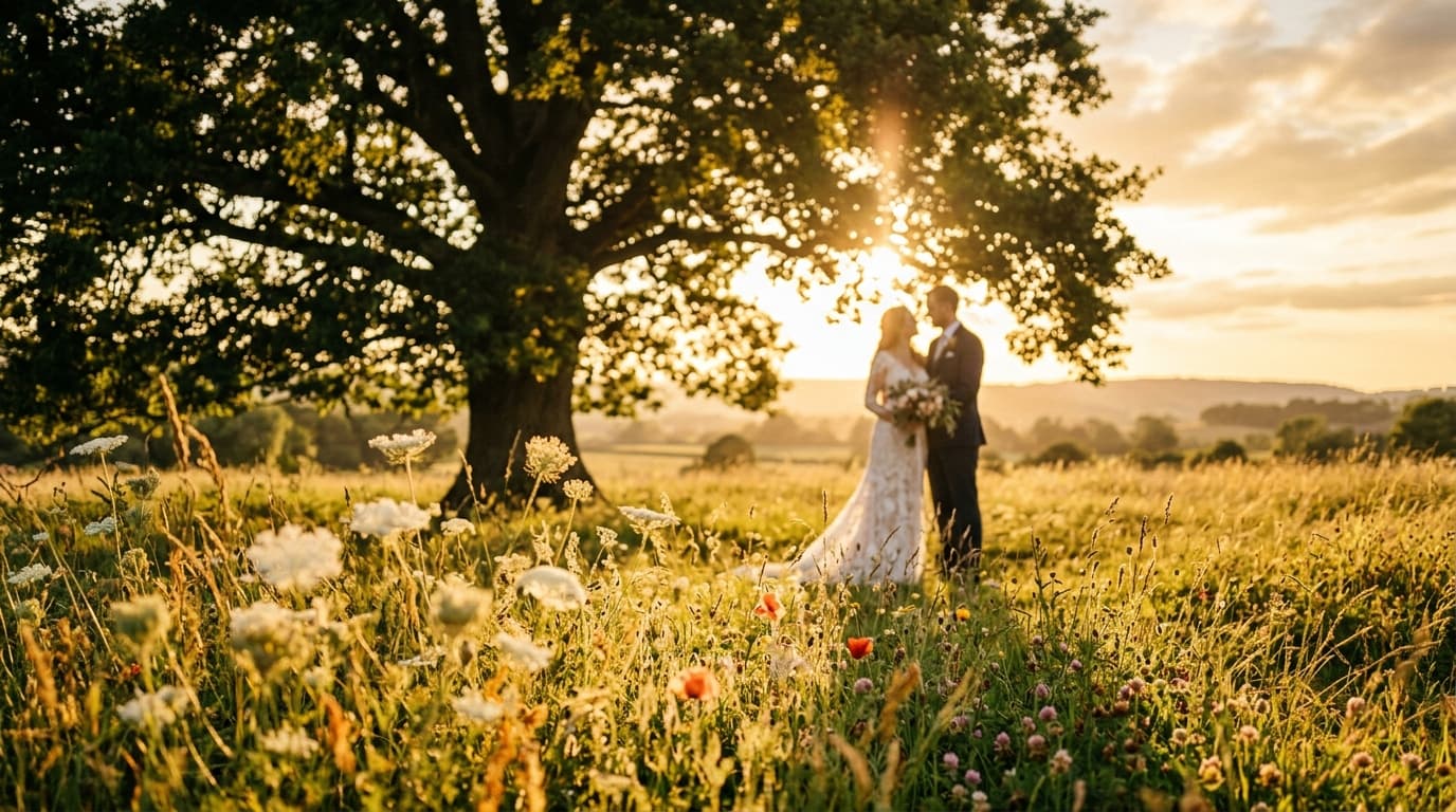 Professional photographer setting up a camera and lighting gear on location for a bridal portrait session