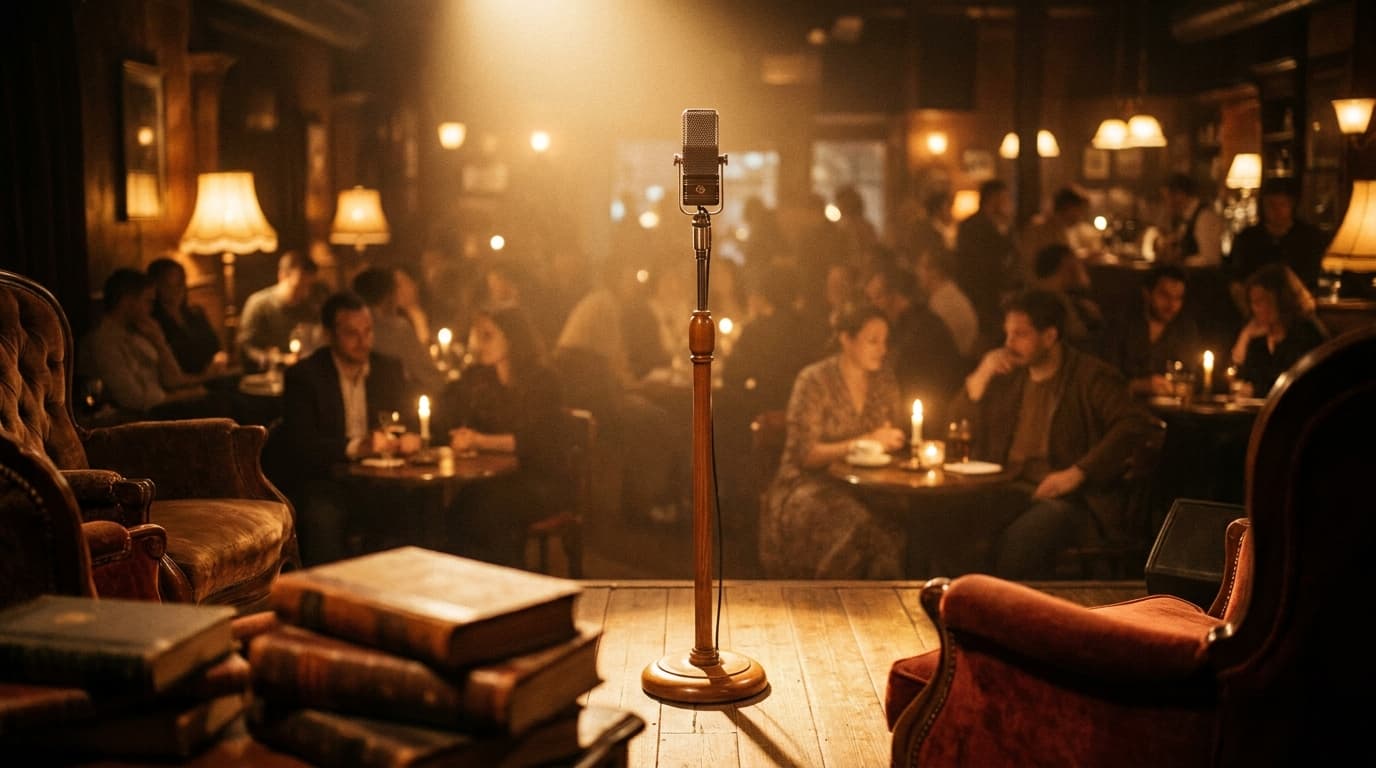 A cozy, dimly lit stage with a microphone stand and wooden chairs arranged for an audience at a poetry reading night.