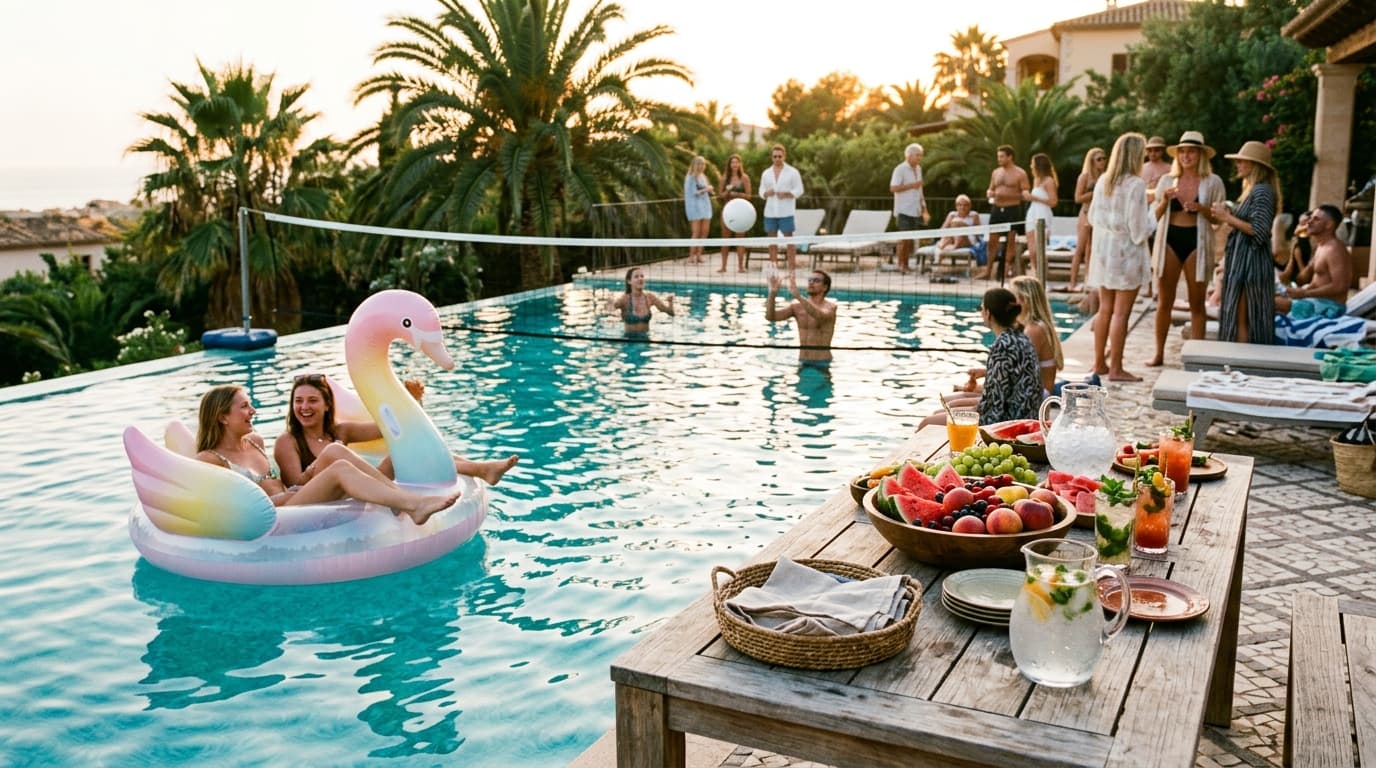 A sunny backyard swimming pool setup with colorful pool floats, lounge chairs, a shaded barbecue grill station, and a beverage bar.