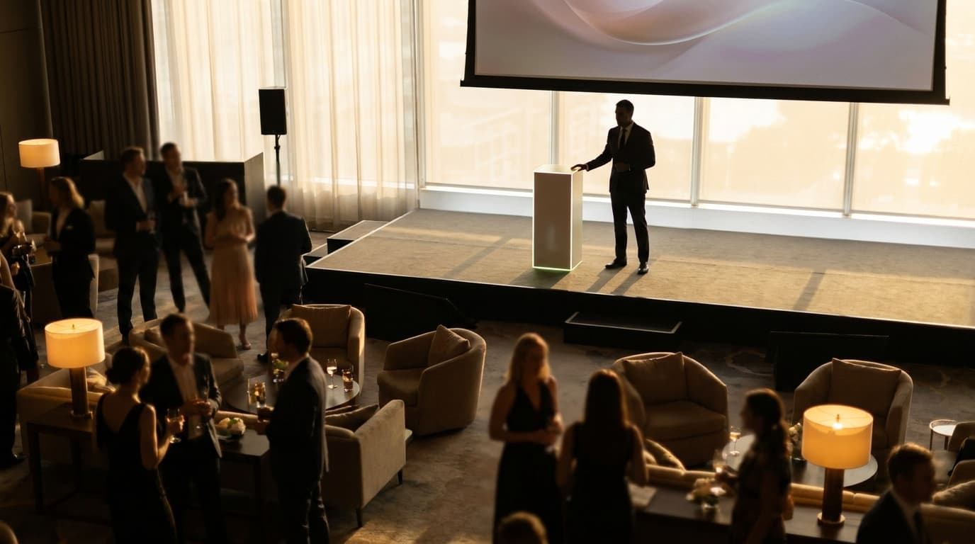 A professional event coordinator reviewing a digital schedule on a tablet inside a modern, well-lit conference venue.
