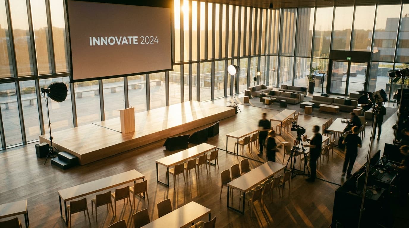 A high-angle, cinematic shot of a sleek, modern corporate event space during final preparations, featuring a minimalist stage set-up bathed in soft, gol…