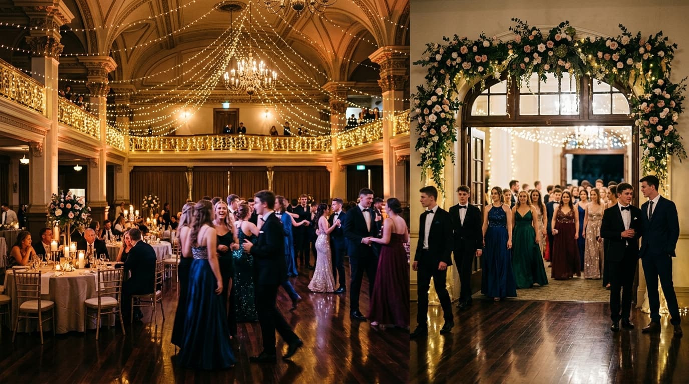 High school students in formal wear walking down a red carpet at a matric dance venue entrance.