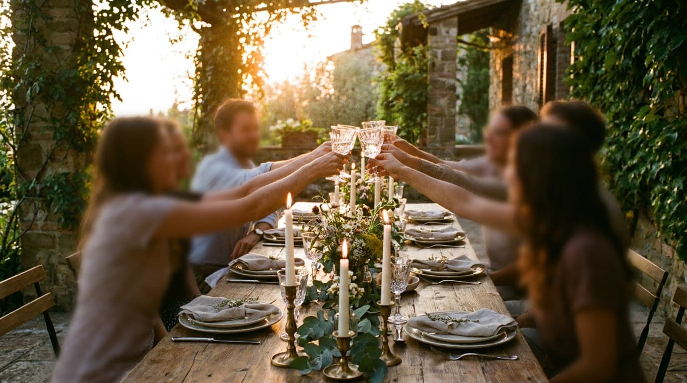 A beautifully set table in a private dining room with gold accents and floral centerpieces, ready for a rehearsal dinner.