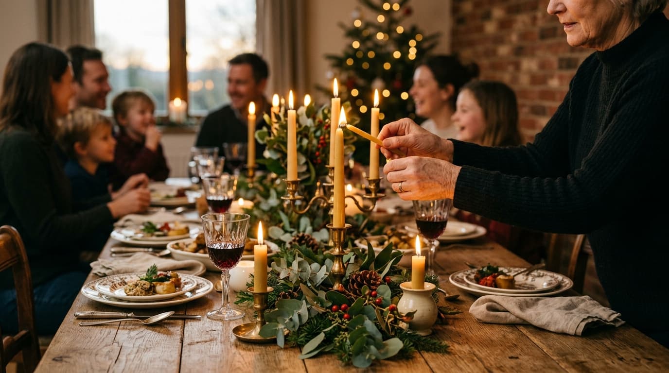 A dimly lit community hall with warm decorative lighting and tables set for a communal holiday feast