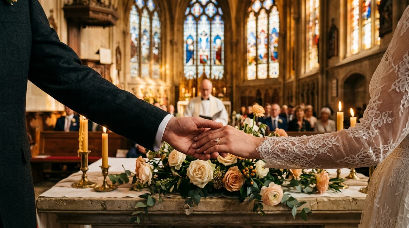 A bride and groom standing at a sunlit cathedral altar during a traditional religious wedding ceremony.