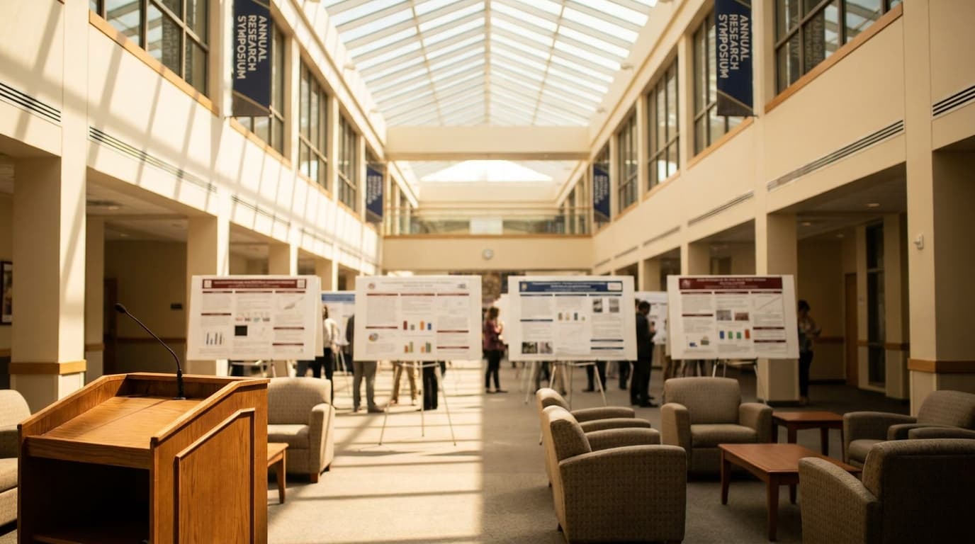 A bustling research symposium with attendees standing by academic posters and engaging in conversation.