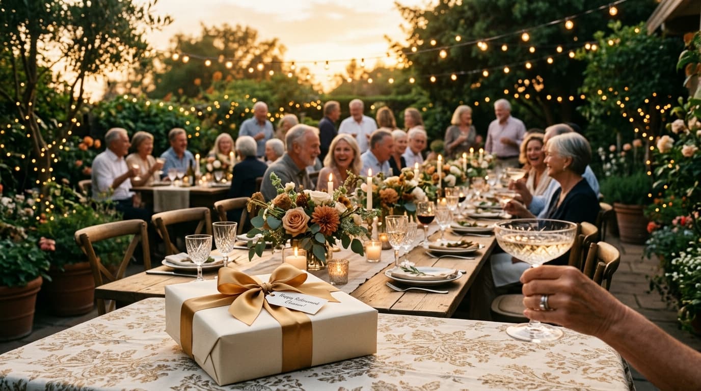 A elegant ballroom venue set up with tables, a lectern, and welcome drinks for a retirement party celebration.