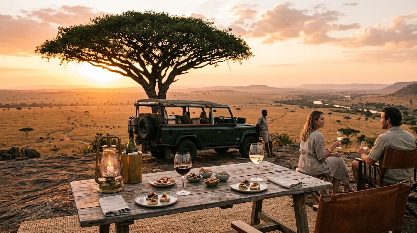 An open-top safari vehicle observing lions across the golden African savannah during an early morning game drive.