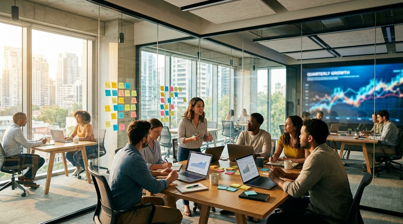 A sales team gathering around a presentation board discussing competition targets and leaderboard metrics in a corporate ballroom.