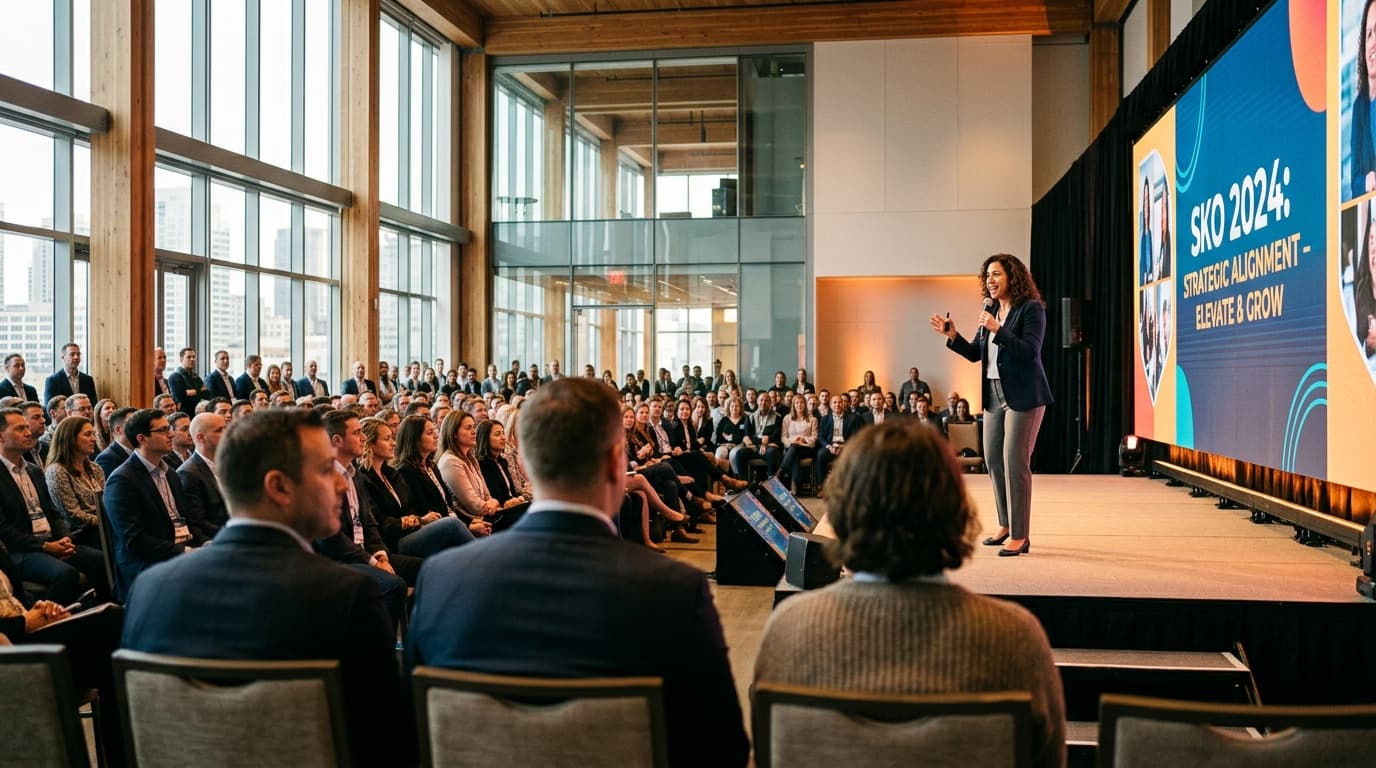 Corporate conference hall set up for a sales kickoff event with stage lighting and audience seating