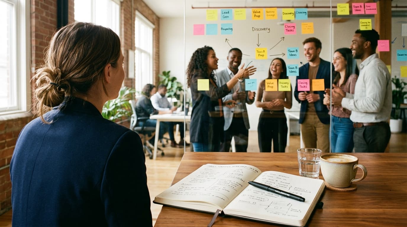 A sales team participating in an interactive corporate training workshop inside a modern conference room