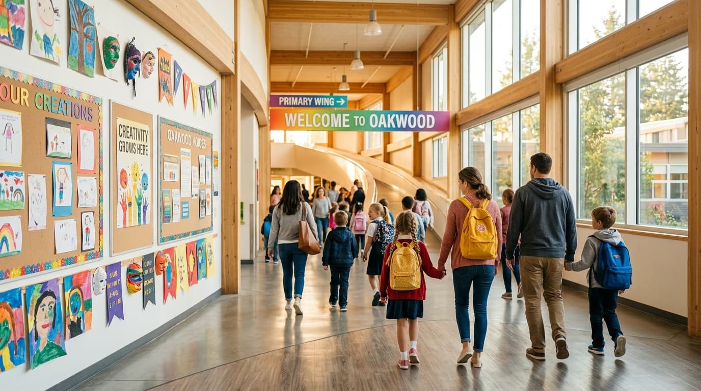 Prospective students and parents walking through a bright school hallway during a campus open day tour