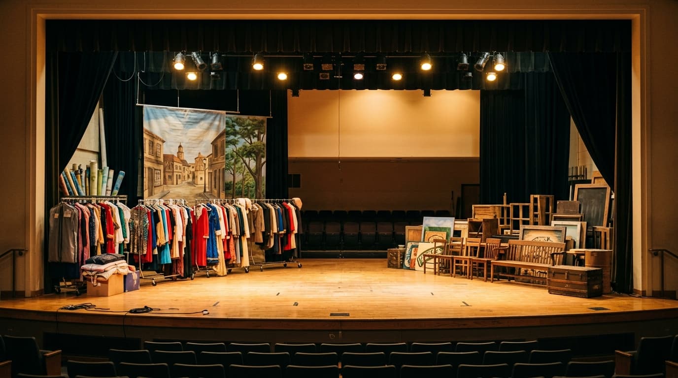 Students in stage costumes performing on a brightly lit school auditorium stage during a play rehearsal.