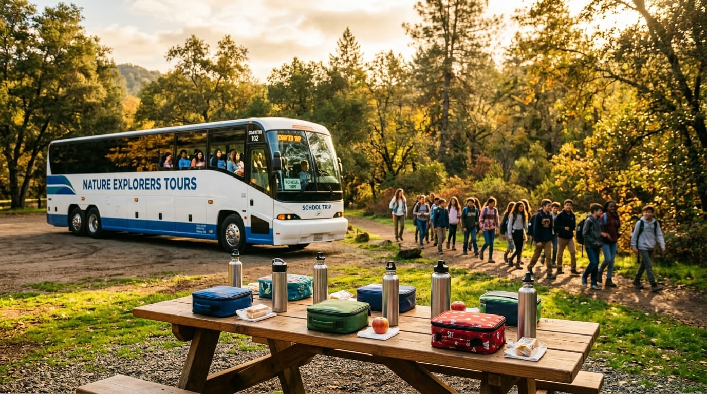 High school students loading luggage onto a charter bus outside a school building before embarking on a trip.