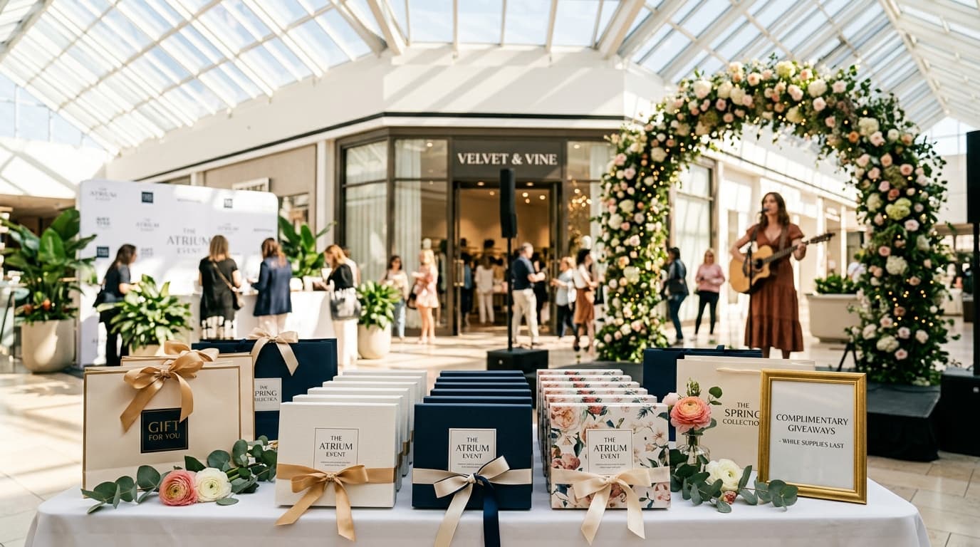 A vibrant multi-level retail atrium filled with shoppers attending a live mall activation event with staging and branded displays.