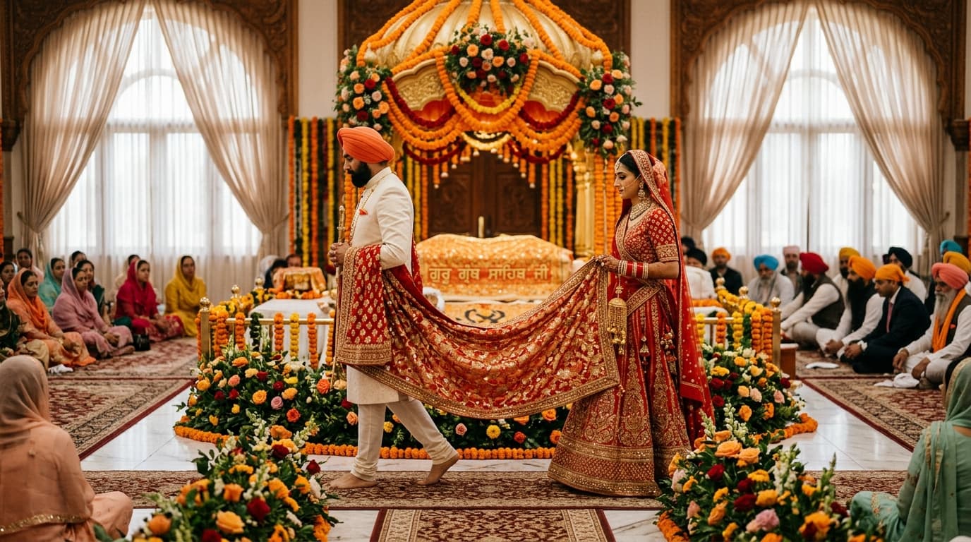 A Sikh bride and groom walking around the Guru Granth Sahib during the Anand Karaj ceremony in a Gurdwara