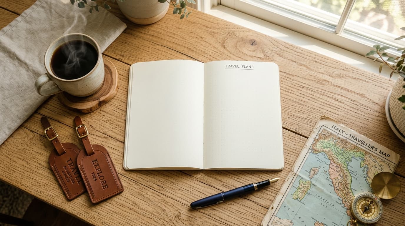 A open daily travel itinerary on a wooden desk alongside a camera, map, and passport.