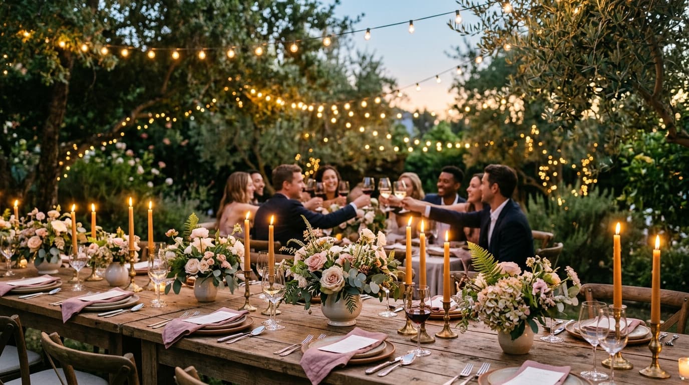 A long candlelit wooden table set for an intimate family-style wedding dinner on an outdoor estate veranda.